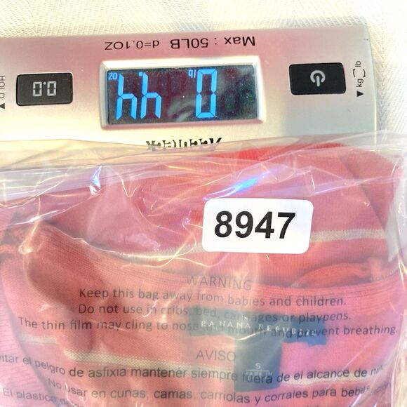 Banana Republic Silk Blend V-Neck Sweater S Short Sleeves Red Coral Beige Stripe - Picture 10 of 10